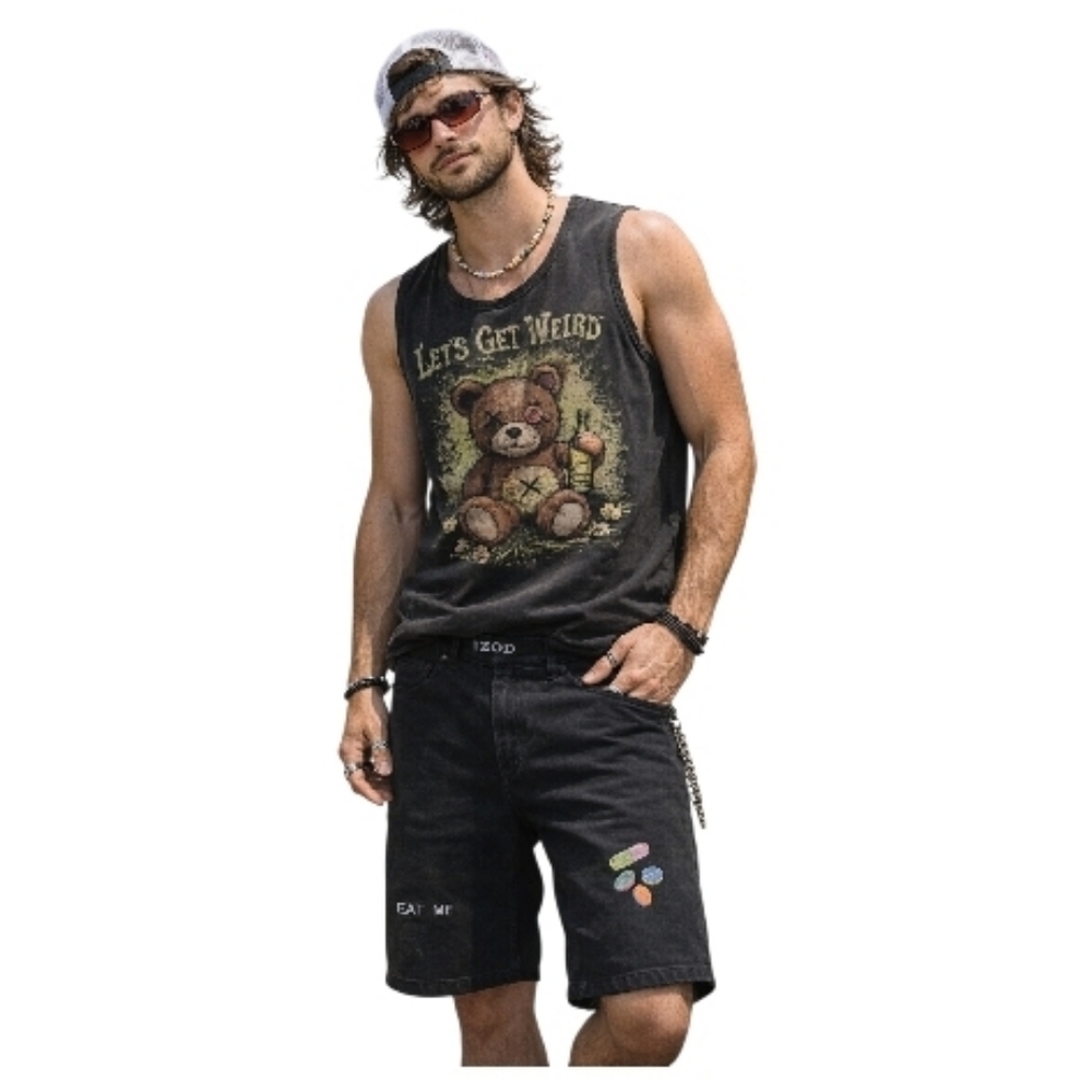 Custom IZOD slim fit size 36 black denim shorts EAT ME & pills dad jorts